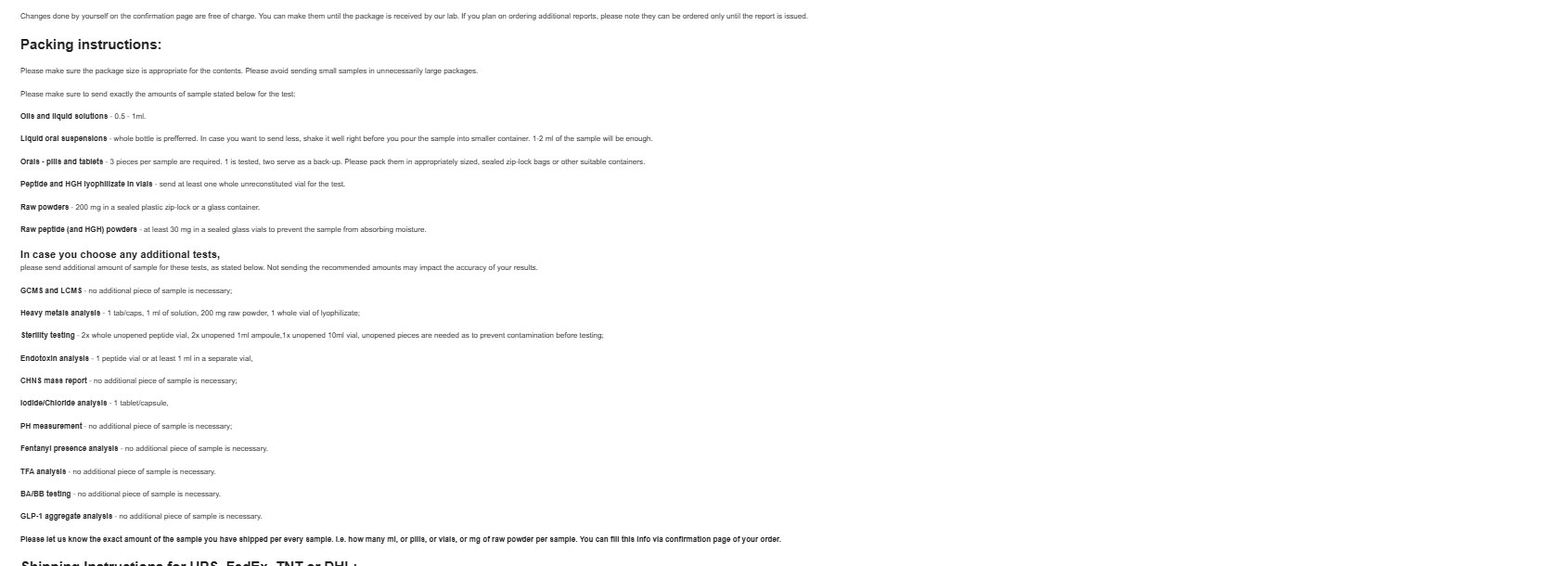 Sanitized Janoshik packing and shipping instructions from a real peptide testing order