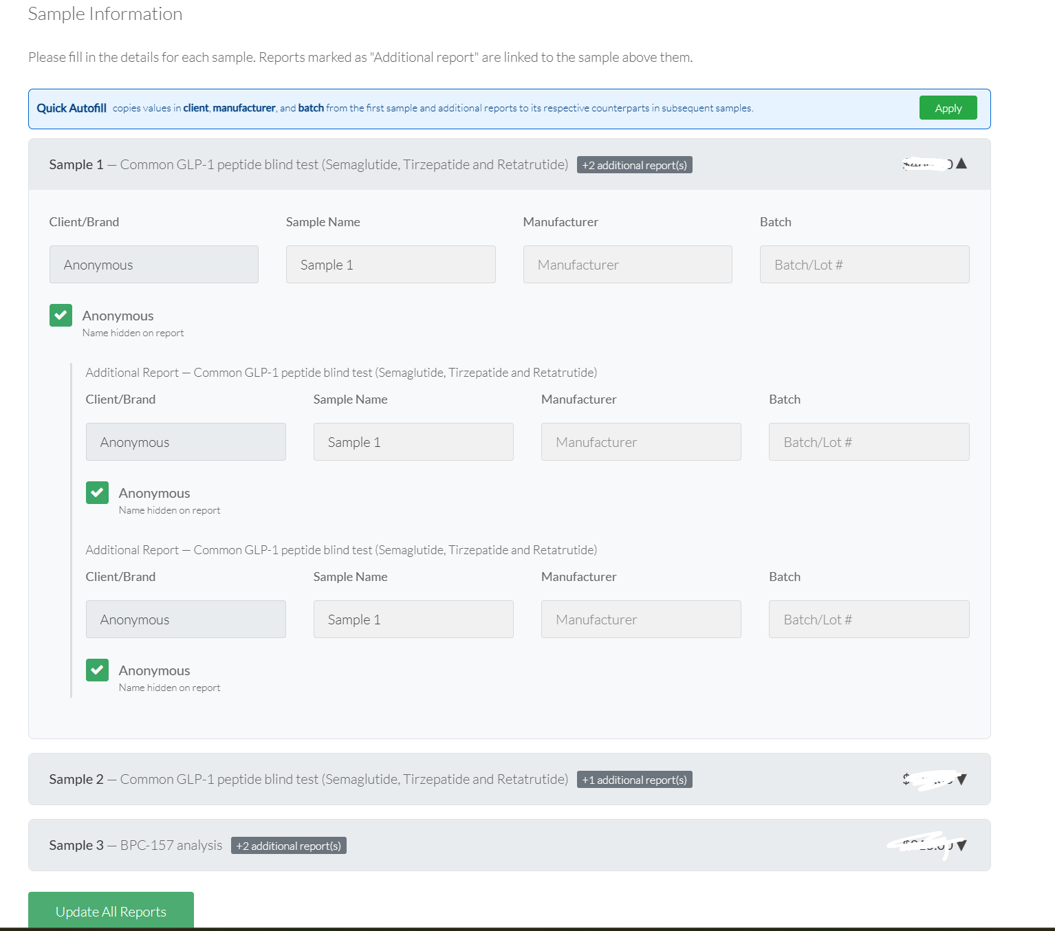 Janoshik sample information screen showing sample IDs and Additional Reports in a real submission