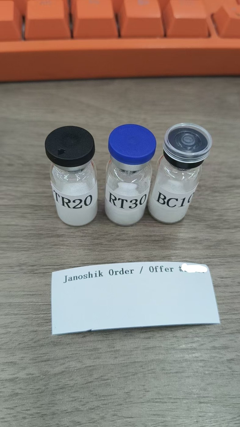 Three real lyophilized peptide vials prepared for a Janoshik testing submission