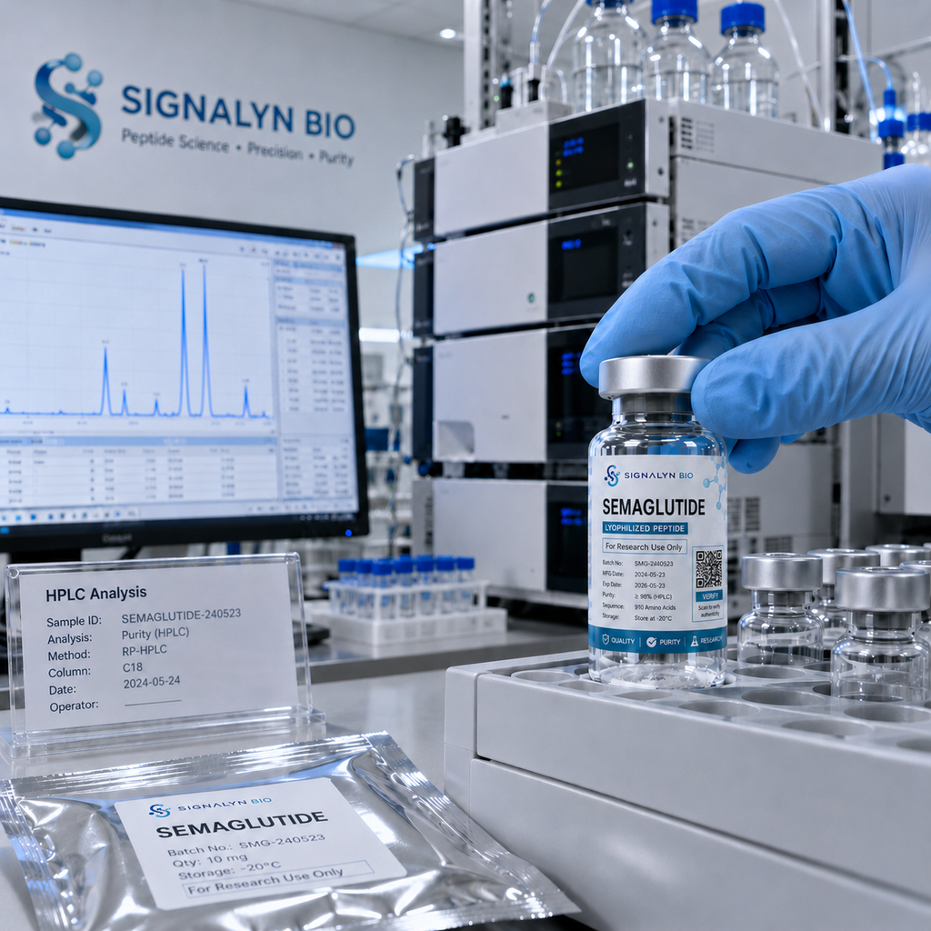 Semaglutide research peptide vial with analytical documentation at Signalyn Bio