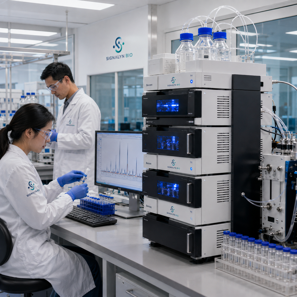 Custom peptide synthesis workflow — laboratory stages from synthesis to packaged vials