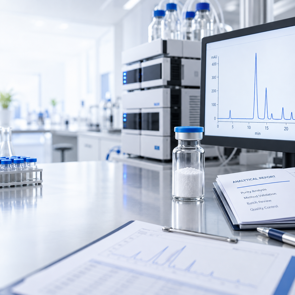 HPLC instrument, chromatogram and peptide sample in an analytical laboratory