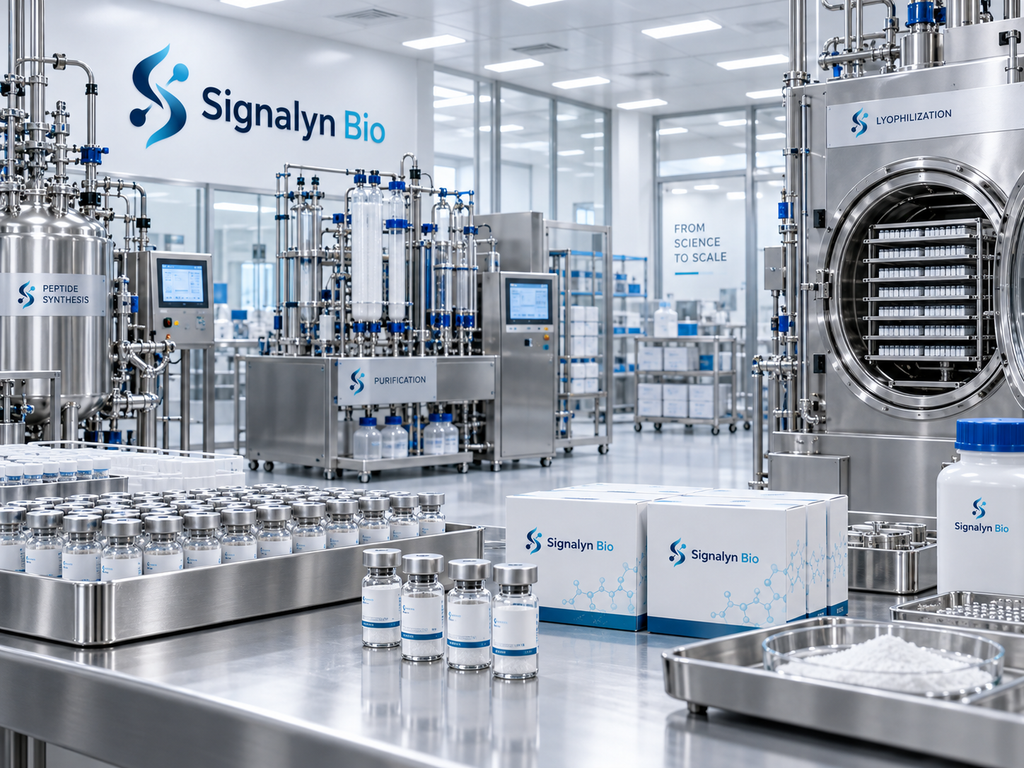 Custom peptide synthesis manufacturing — scientist with synthesis equipment and peptide vials