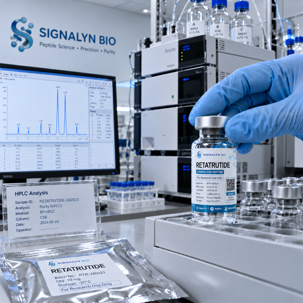Retatrutide research peptide vial with analytical documentation at Signalyn Bio