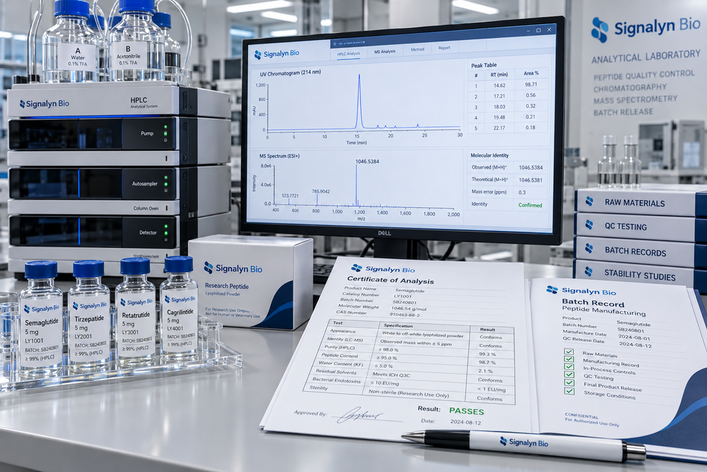 Peptide quality control with HPLC analysis, mass spectrometry review, sample vials, and batch documentation