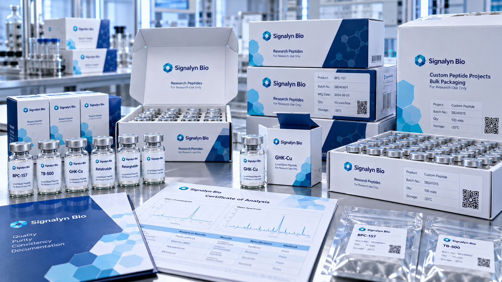 Peptide vial packaging, custom labels, multi-vial cartons and bulk packaging options from Signalyn Bio