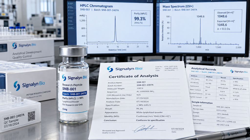 Peptide COA with HPLC chromatogram, mass spectrum and batch documentation for quality review