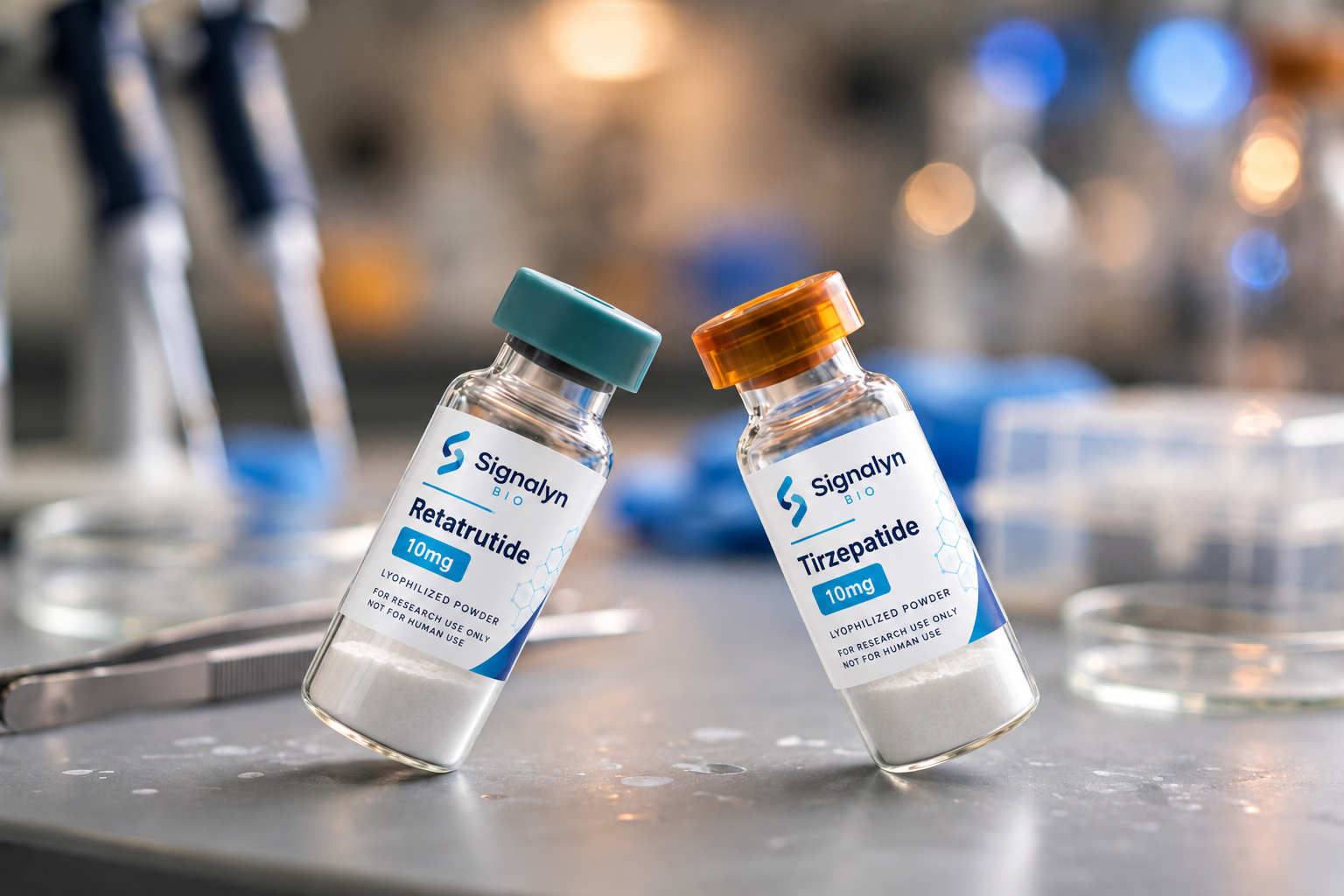 Retatrutide vs tirzepatide comparison — two peptide vials facing each other in a laboratory
