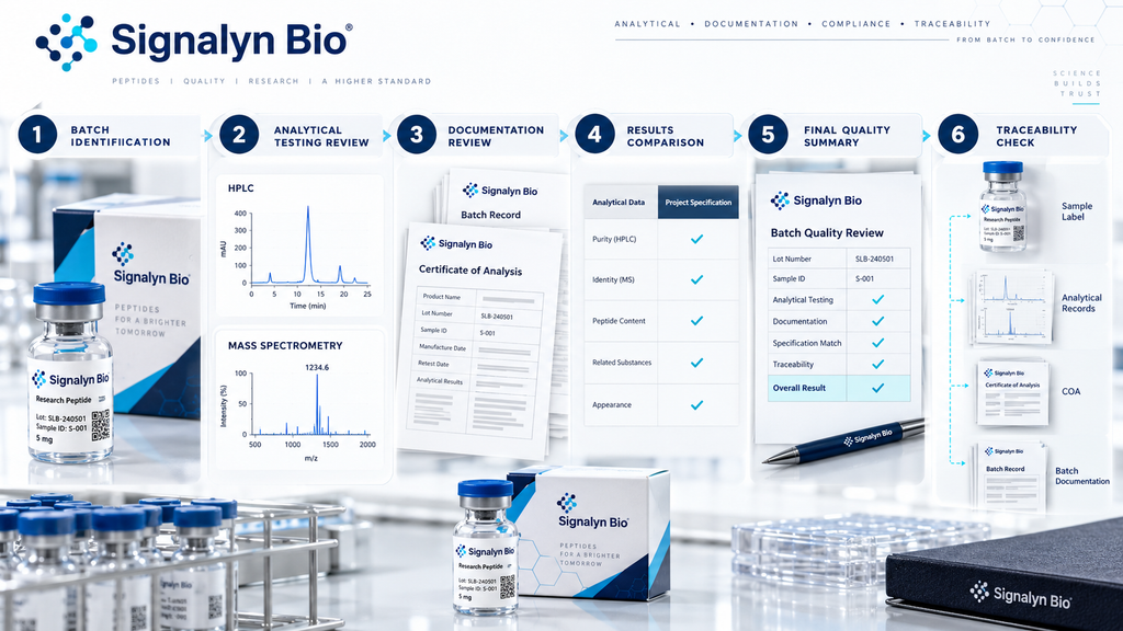Peptide batch quality review workflow from batch identification to traceability check