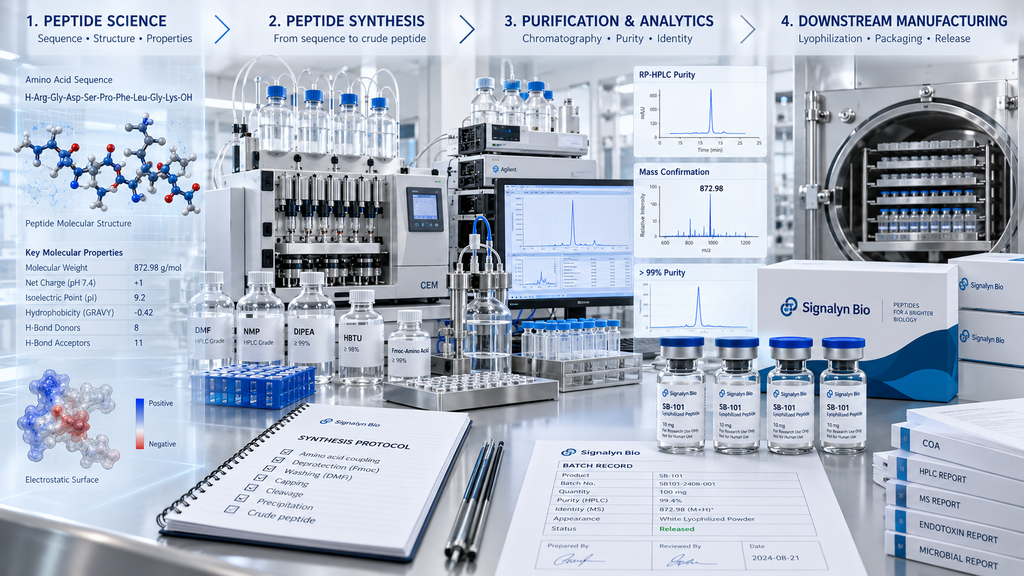Connection between peptide sequence, molecular properties, synthesis and purification