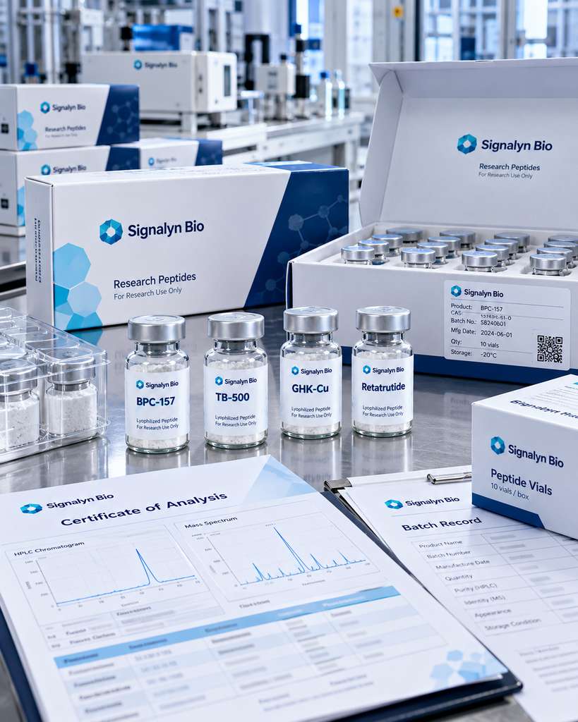 Peptide packaging services with Signalyn Bio branded vials, custom labels, cartons and batch documentation