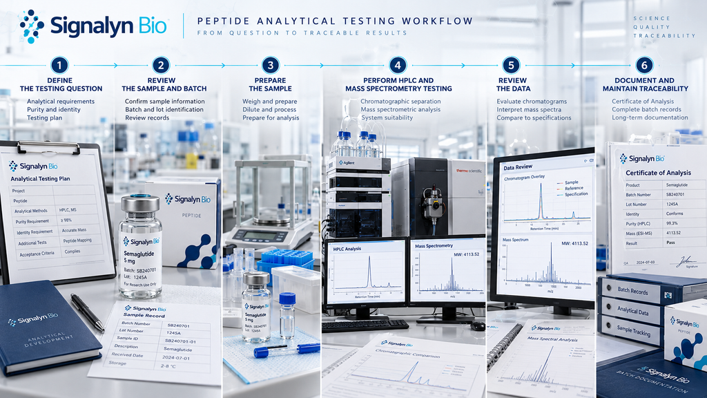 Peptide analytical testing workflow from sample review to HPLC, mass spectrometry and documentation