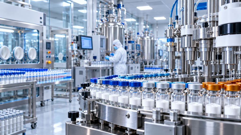 Peptide manufacturing facility — synthesis equipment and vial rows