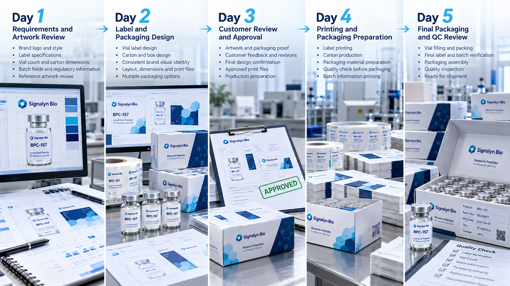 Five-day peptide packaging customization workflow from artwork review to final packaging preparation