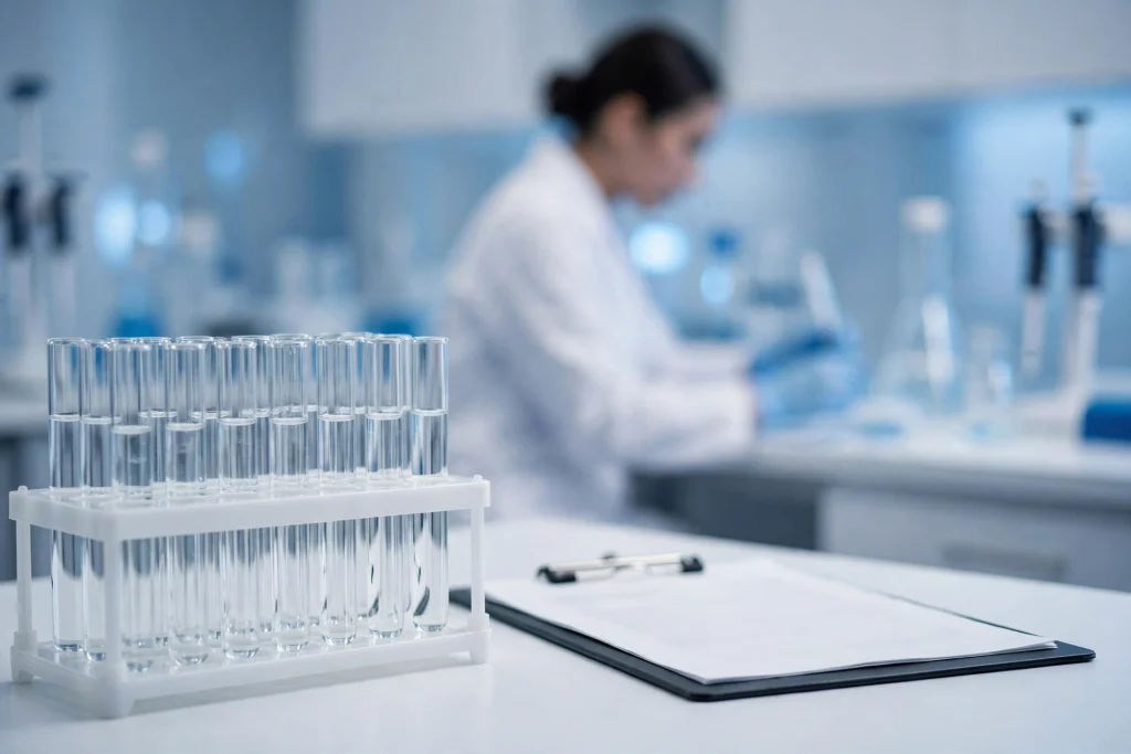 Retatrutide clinical trial research — laboratory test tubes and researcher