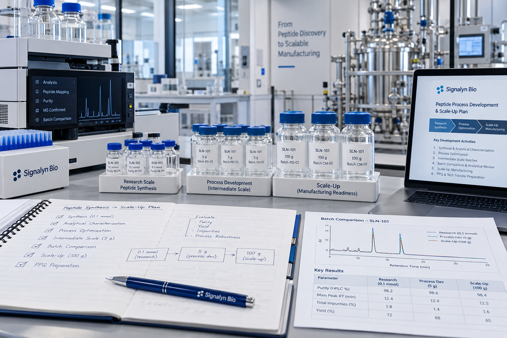 Peptide purification process with chromatography system, collected fractions, sample vials, and purity review materials