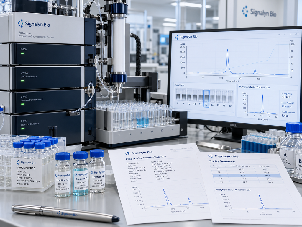 Peptide purification process with chromatography system, collected fractions, sample vials, and purity review materials