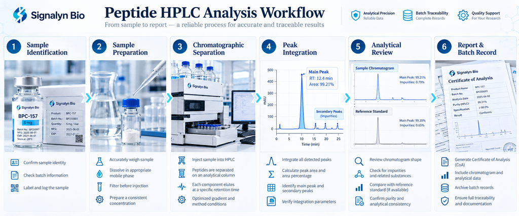 Peptide HPLC analysis workflow from sample preparation to chromatogram review and batch reporting