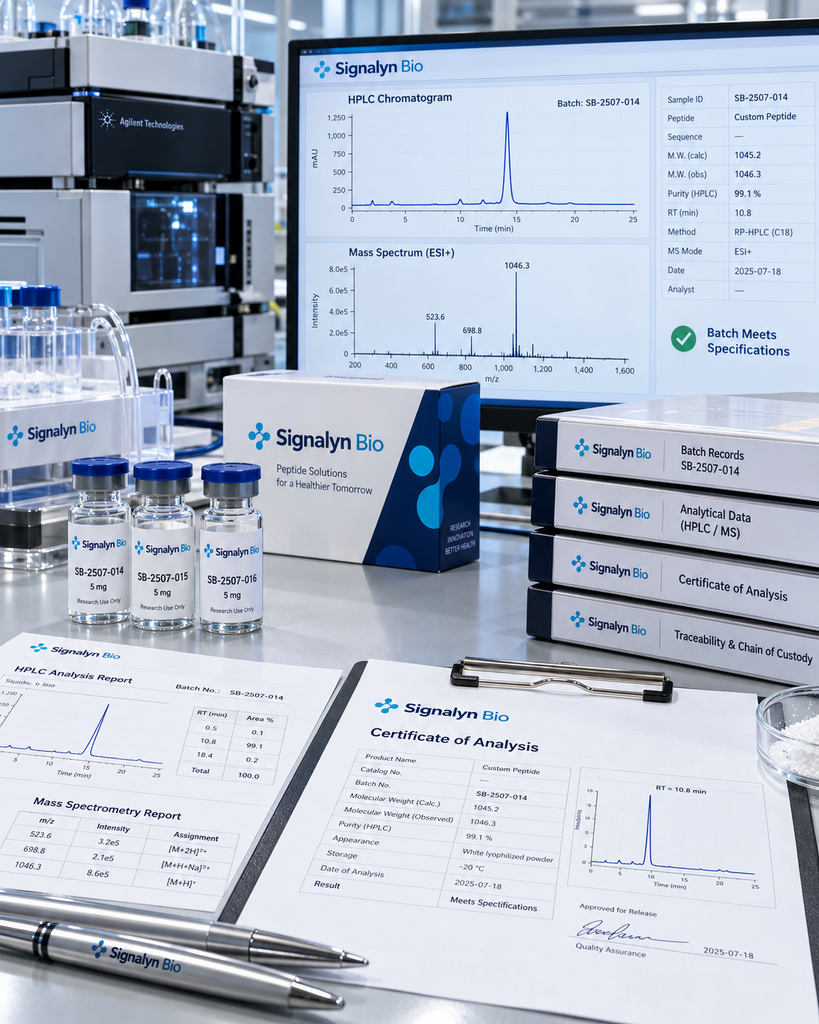 Peptide batch quality review with HPLC, mass spectrometry, COA and batch documentation at Signalyn Bio