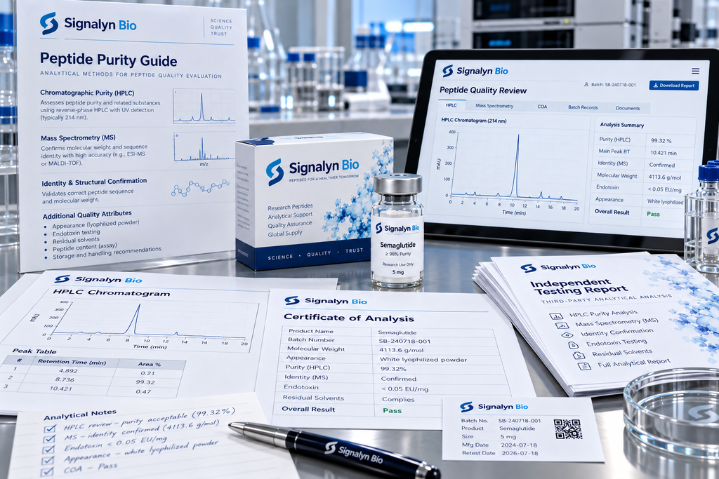 Peptide quality evaluation resources with HPLC review, purity guide and independent testing documentation at Signalyn Bio