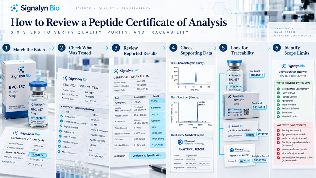 Peptide Certificate of Analysis review showing batch ID, purity, identity and analytical documentation