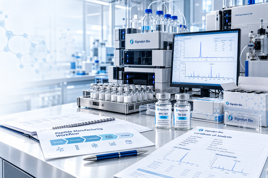 Peptide manufacturing workflow with synthesis, purification, lyophilization, analytical testing, packaging, and batch documentation in a premium biotechnology laboratory