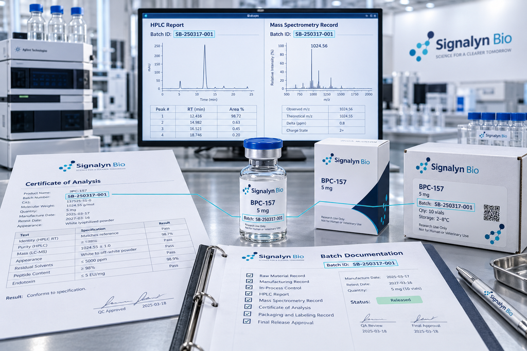 Peptide batch documentation, sample identifiers and analytical records for traceability