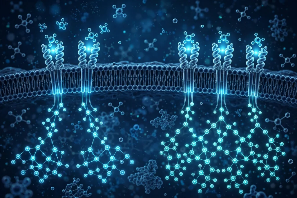 Dual vs triple agonist mechanism — peptide hormone receptors visualized on a cell membrane