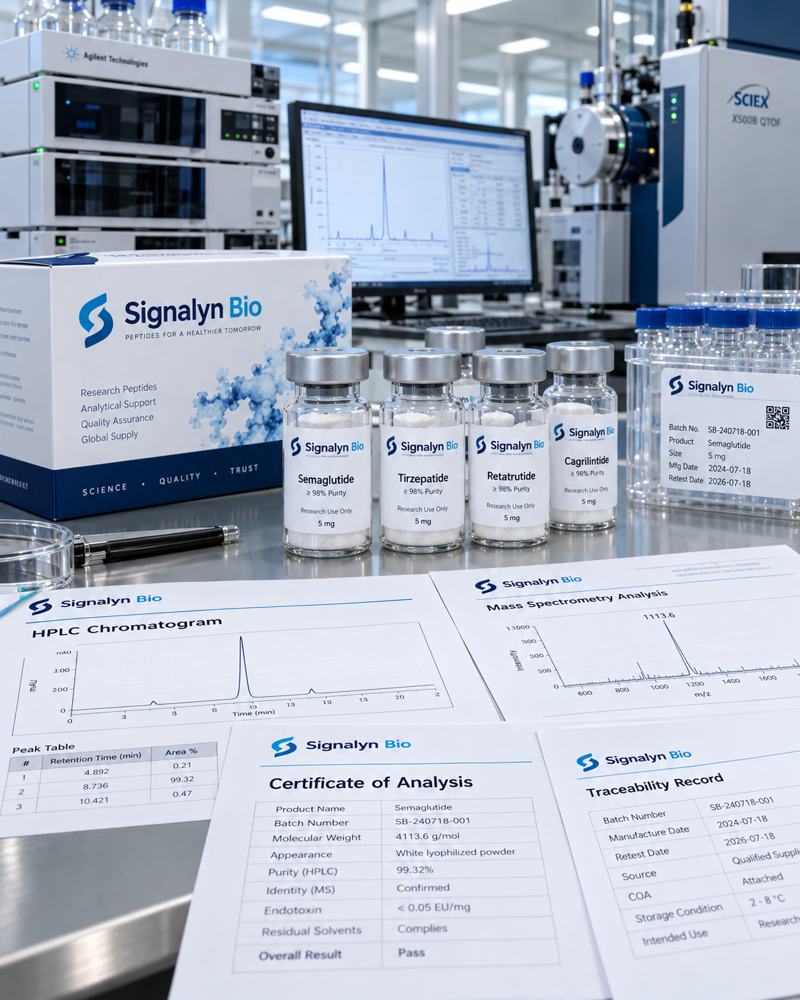 Peptide quality control with HPLC, mass spectrometry, COA and batch documentation at Signalyn Bio