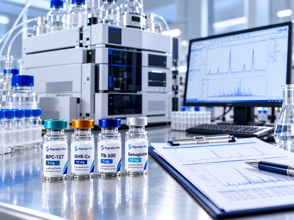 Peptide blend quality verification — HPLC instrument with COA documentation and vials