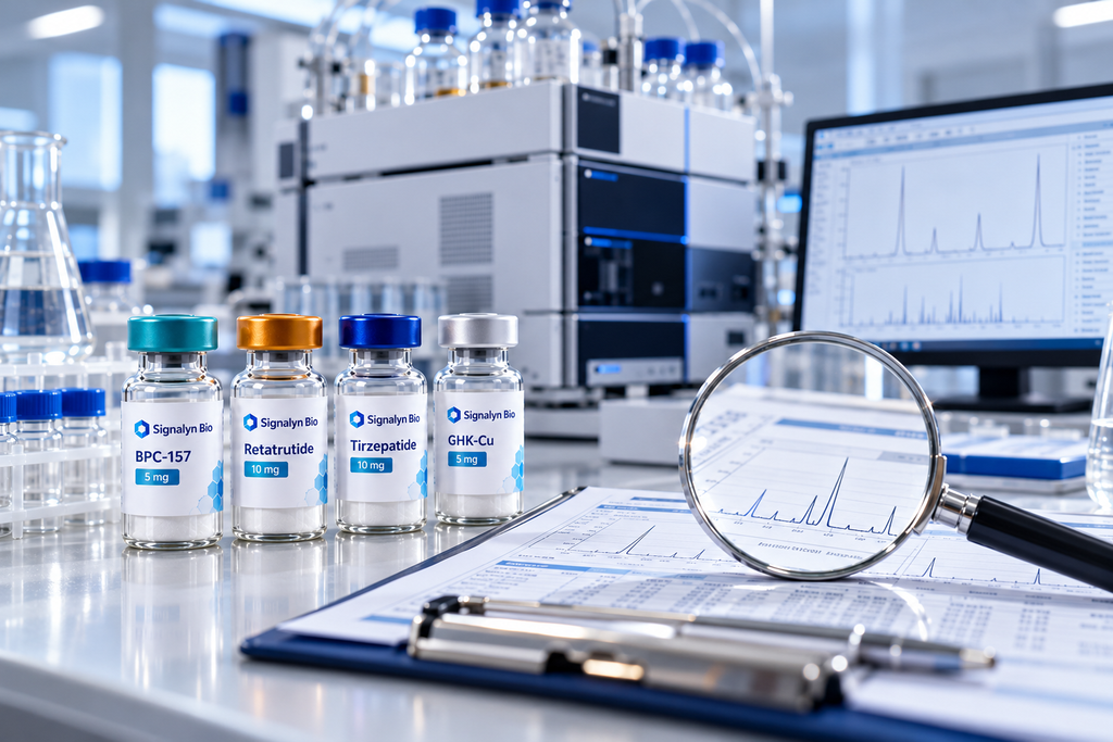Supplier quality audit — magnifying glass over COA documentation with peptide vials