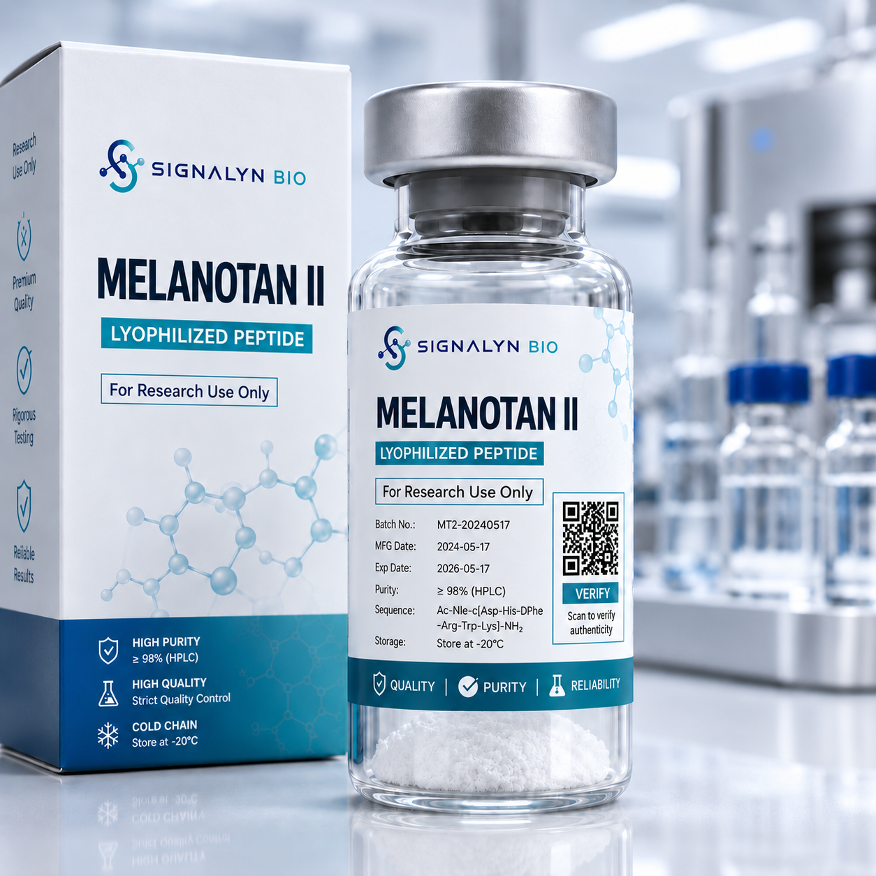 Melanotan II research peptide vial with analytical documentation at Signalyn Bio