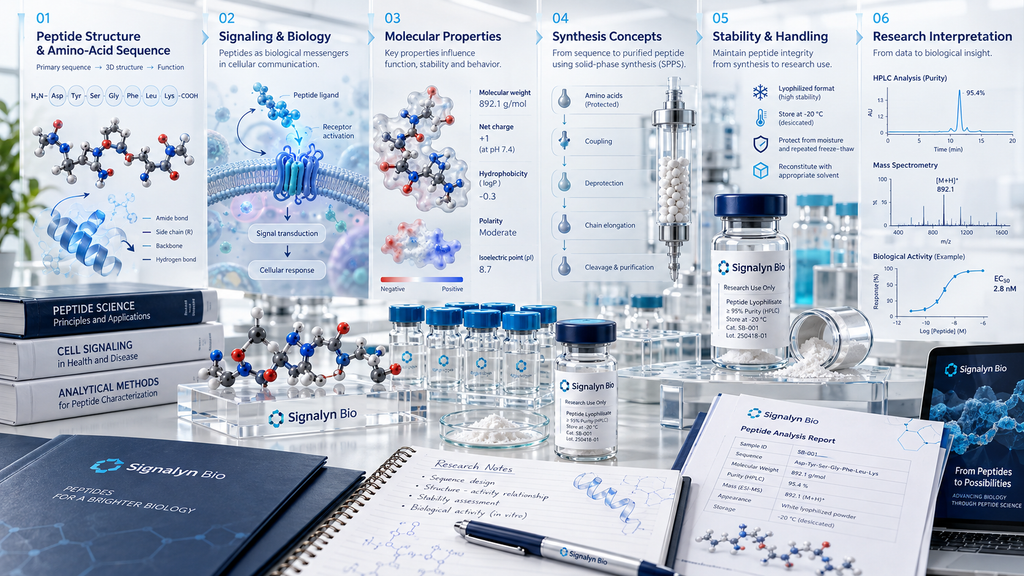 Peptide science fundamentals showing amino acid sequence, molecular structure and research concepts