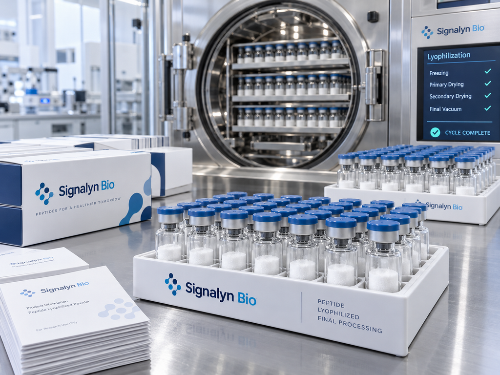 Peptide lyophilization process with freeze-dried peptide vials, controlled laboratory equipment, and final processing workflow