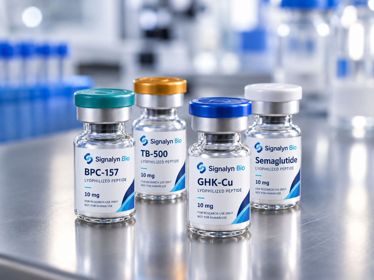 Klow peptide blend — four lyophilized peptide vials with different colored caps in a laboratory