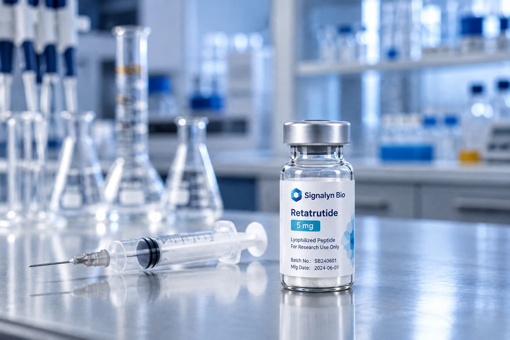 Retatrutide clinical trial administration — syringe and peptide vial in a laboratory