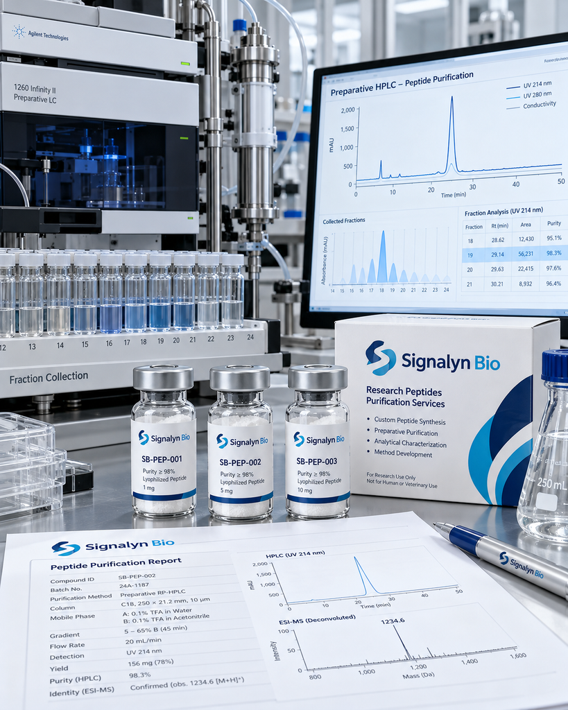 Peptide purification service with preparative HPLC, fraction collection and analytical review at Signalyn Bio