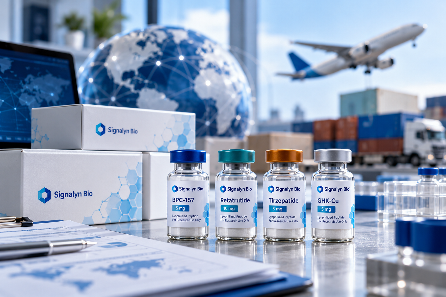 Sourcing peptides from China — peptide vials with shipping boxes and globe in a laboratory