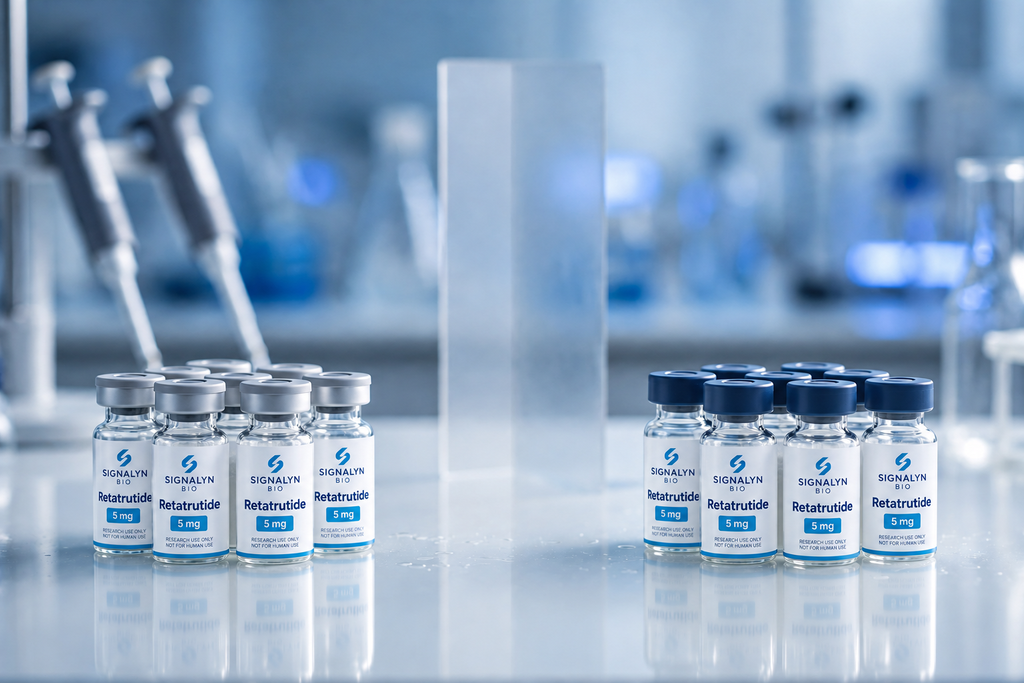 Phase 2 vs Phase 3 retatrutide dosing — two groups of peptide vials compared in a laboratory
