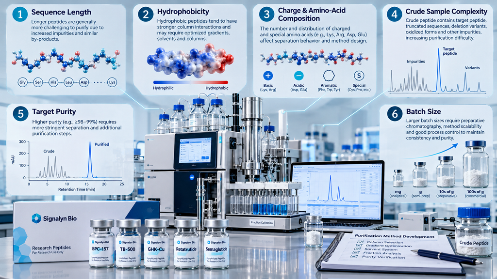 Factors affecting peptide purification including sequence length, hydrophobicity, sample complexity, target purity and batch size