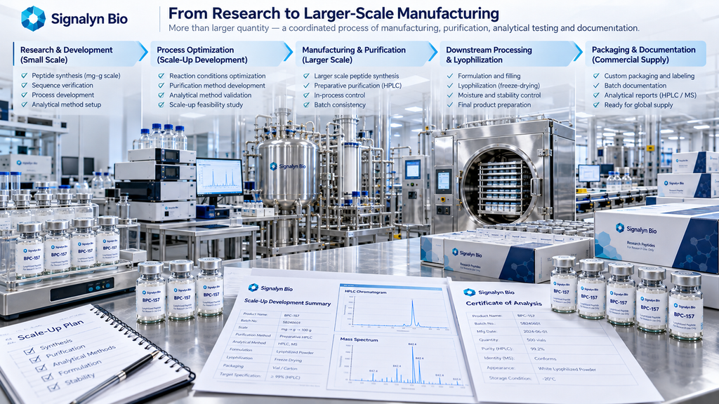 Peptide manufacturing scale-up planning with purification, analytical testing and batch review