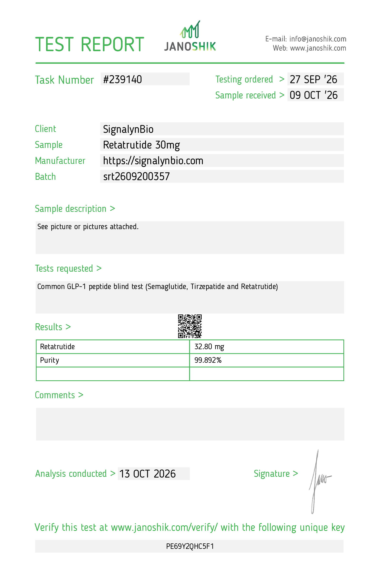 Janoshik independent test report for Signalyn Bio Retatrutide batch srt2609200357
