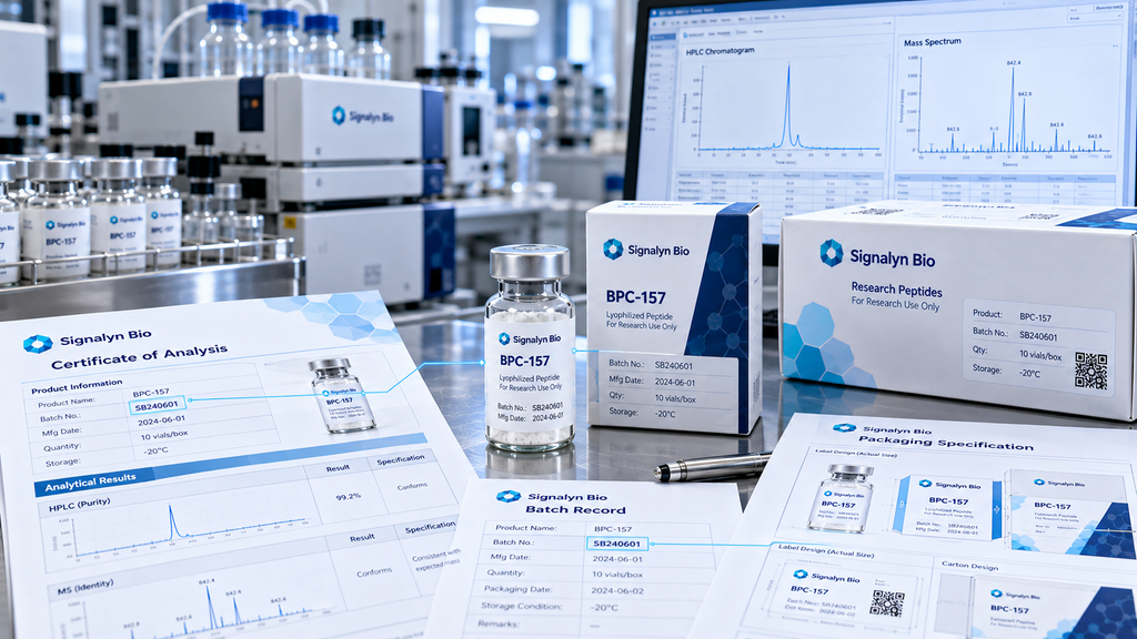 Peptide packaging connected to COA, analytical testing and batch traceability at Signalyn Bio
