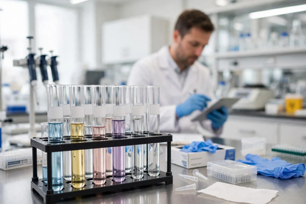Metabolic peptide clinical trial research — laboratory test tubes and researcher
