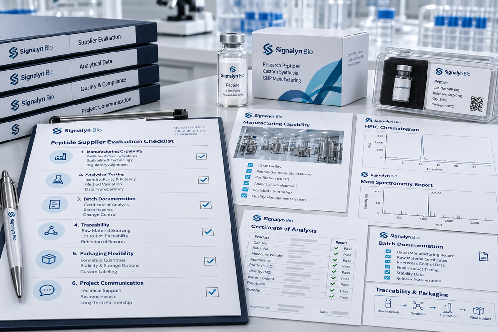 Peptide supplier evaluation checklist for manufacturing, testing, traceability and packaging
