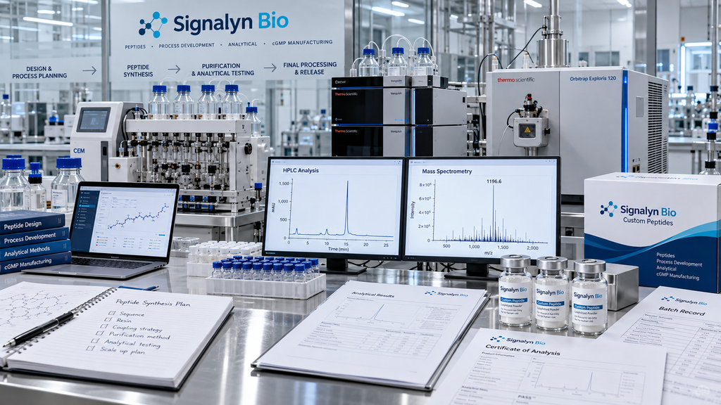 Integrated peptide manufacturing and analytical testing support including purification, lyophilization and packaging