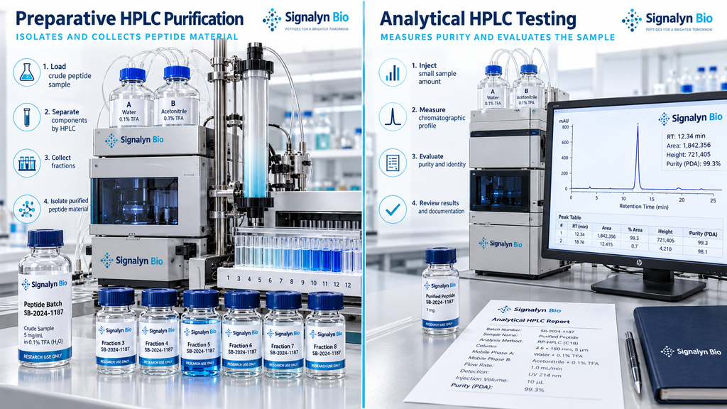 Preparative HPLC peptide purification compared with analytical HPLC purity testing