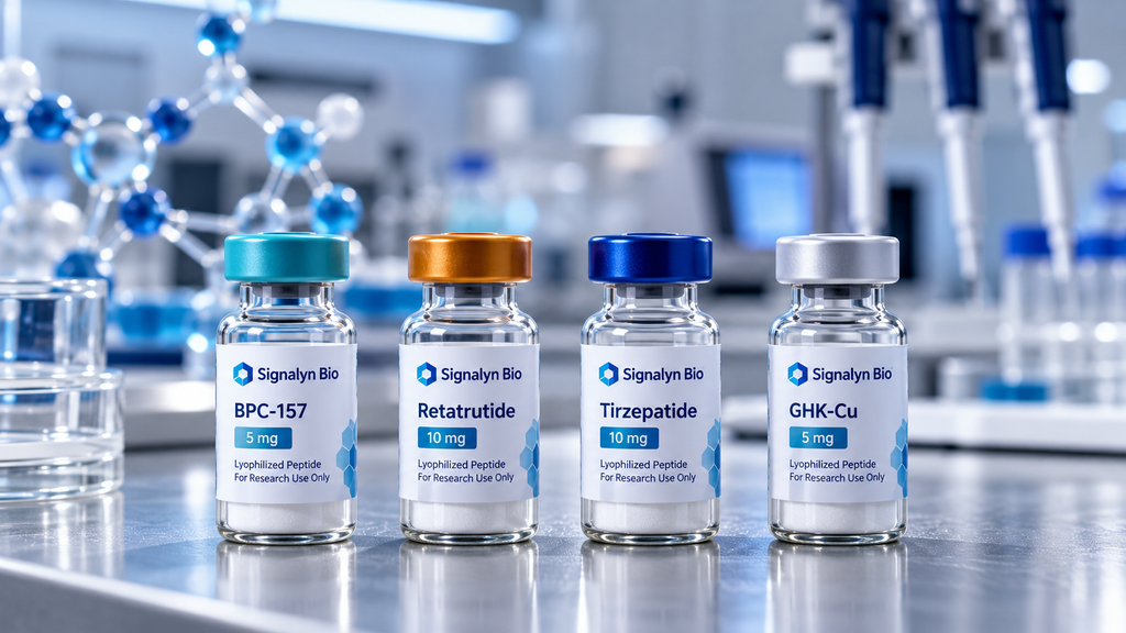 Klow blend four peptide components — vials with molecular graphics in a laboratory