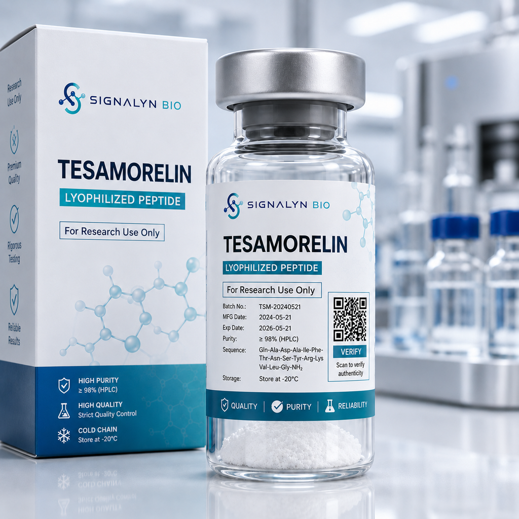 Tesamorelin research peptide vial with analytical documentation at Signalyn Bio