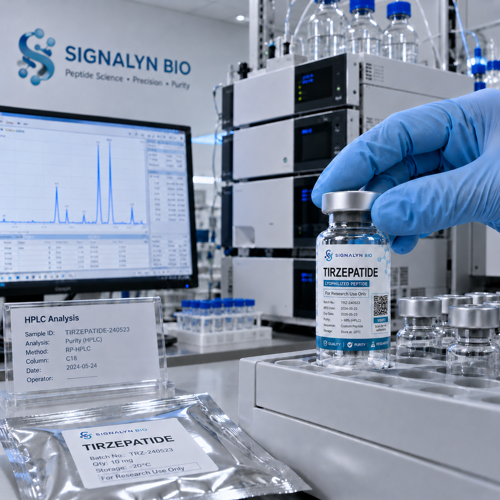 Tirzepatide research peptide vial with analytical documentation at Signalyn Bio